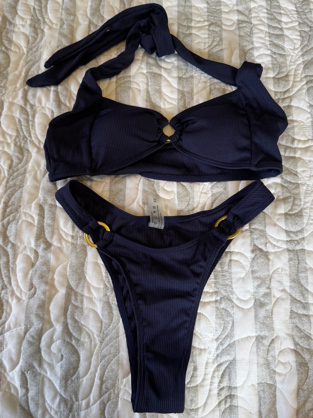 NEVER WORN Ribbed Navy Bikini Set with Gold Ring Accents